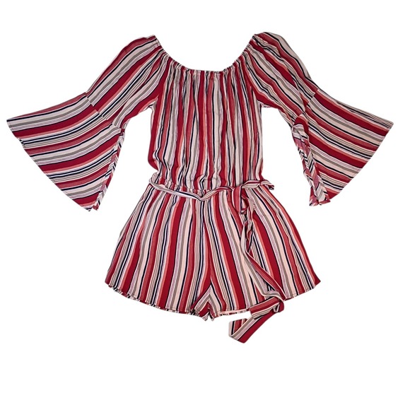 NWT‎ Kori Romper Womens M Fall Boho Bell Sleeve Off Shoulder Tie Waist Festival - Picture 1 of 12